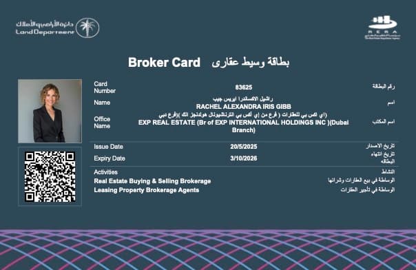 Dubai RERA broker registration card for Rachel Gibb showing BRN 83625 for client verification before buying luxury apartments, villas, or townhouses in Dubai.